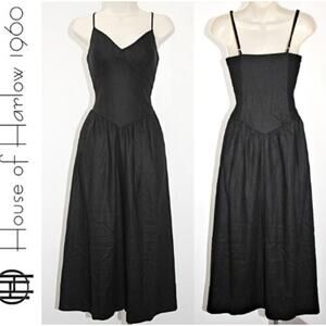 House of Harlow 1960 Linen Basque Waist Dress Triangle Bust V-Neck Black Size 10
